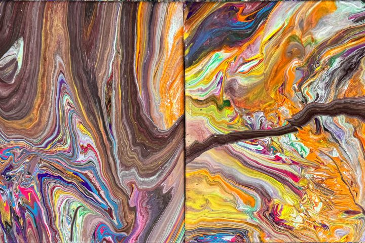 Colorful abstract painting with swirling patterns and marbled textures.
