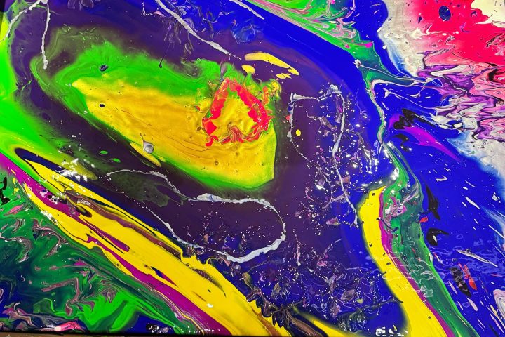 Abstract painting with vibrant swirls of blue, green, yellow, pink, and purple.