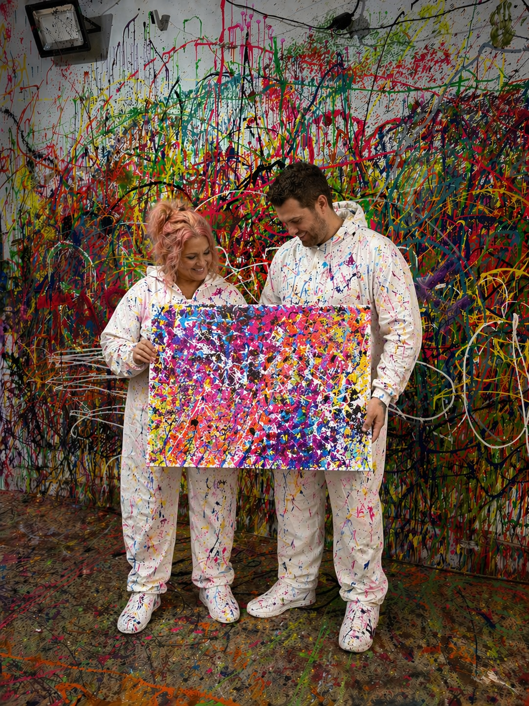 Two people in white coveralls holding a colorful abstract painting in a splattered art studio.