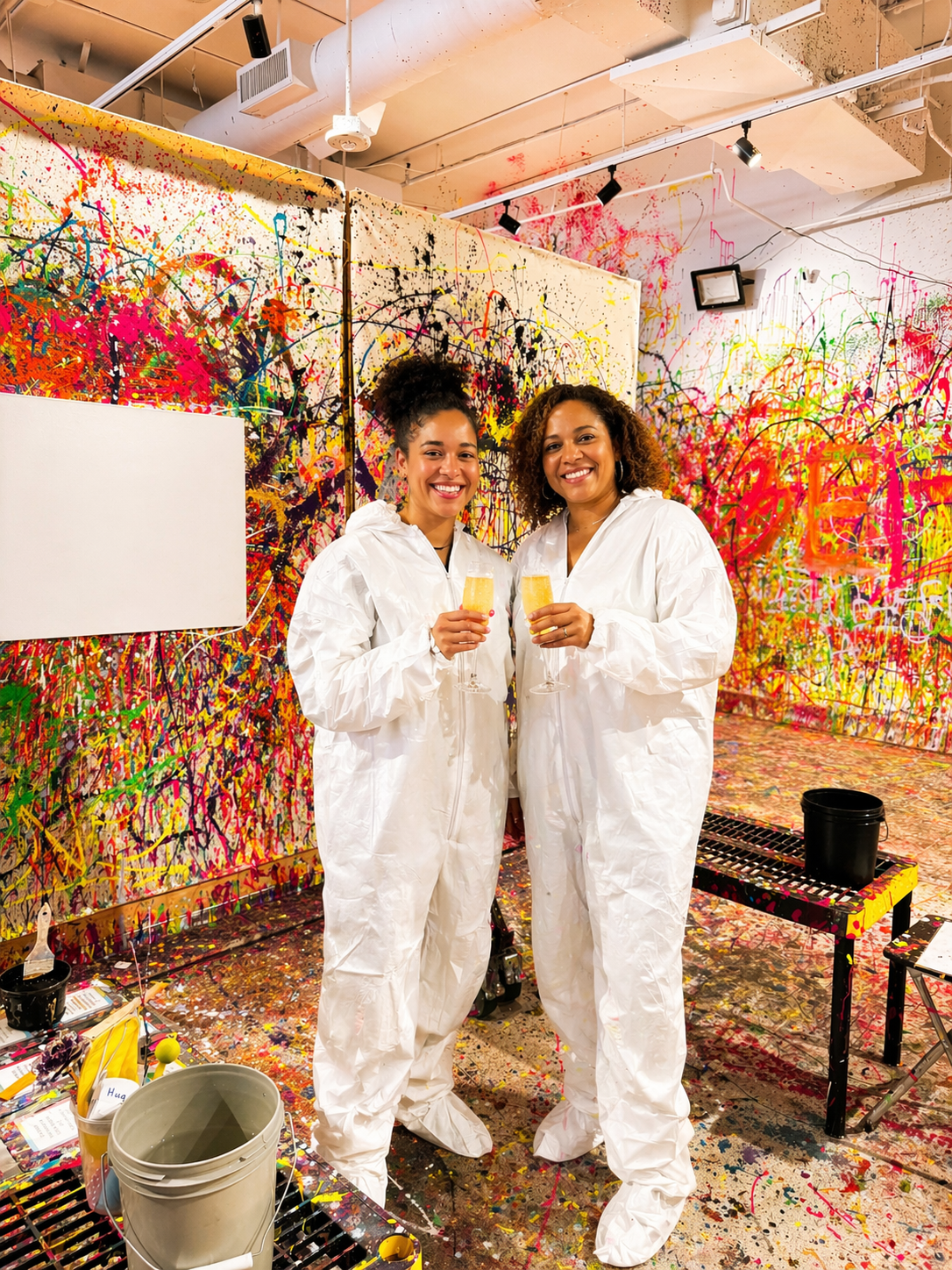 Two people in white suits holding drinks in a colorful splatter-painted room.