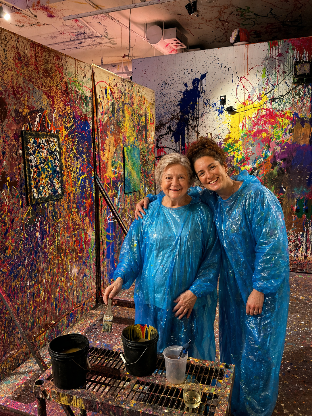 Two people in blue protective suits in a colorful, paint-splattered room.